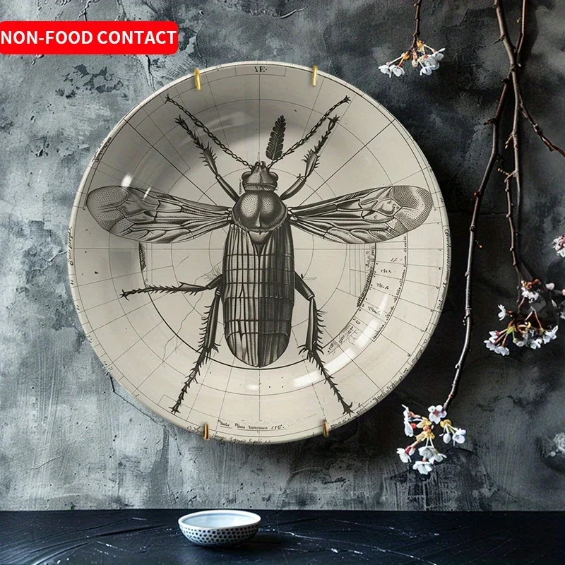 1pc Vintage Hand-Painted Beetle Map Ceramic Wall Art Plate - Circular Non-Food Contact Decorative Dish for Home, Living Room,