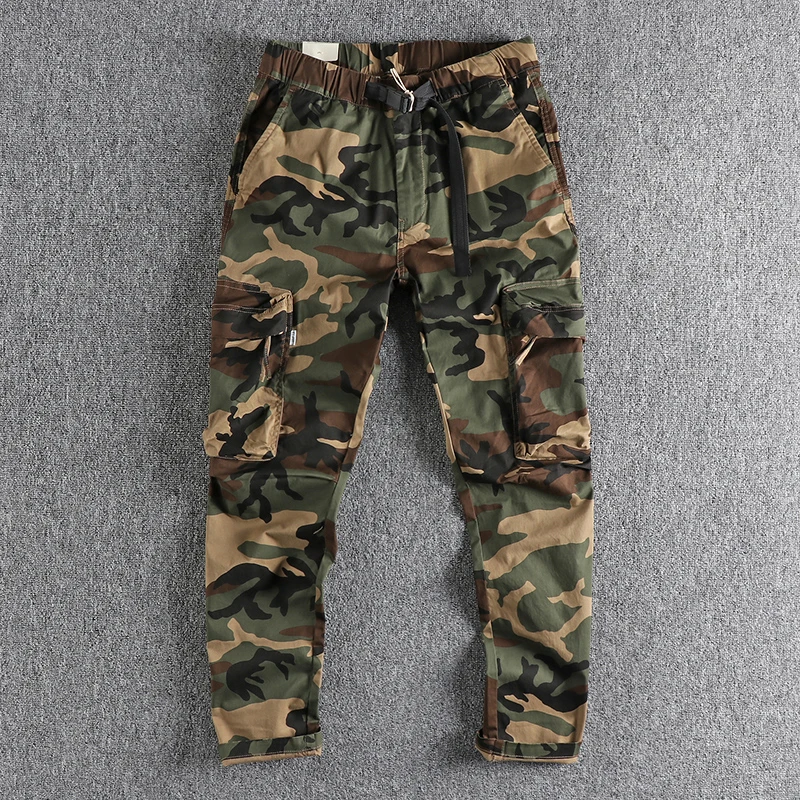 377# Four Seasons New American Retro Woven Camouflage Cargo Pants Men\'s 97% Cotton Washed Multi-pocket Casual Straight Trousers