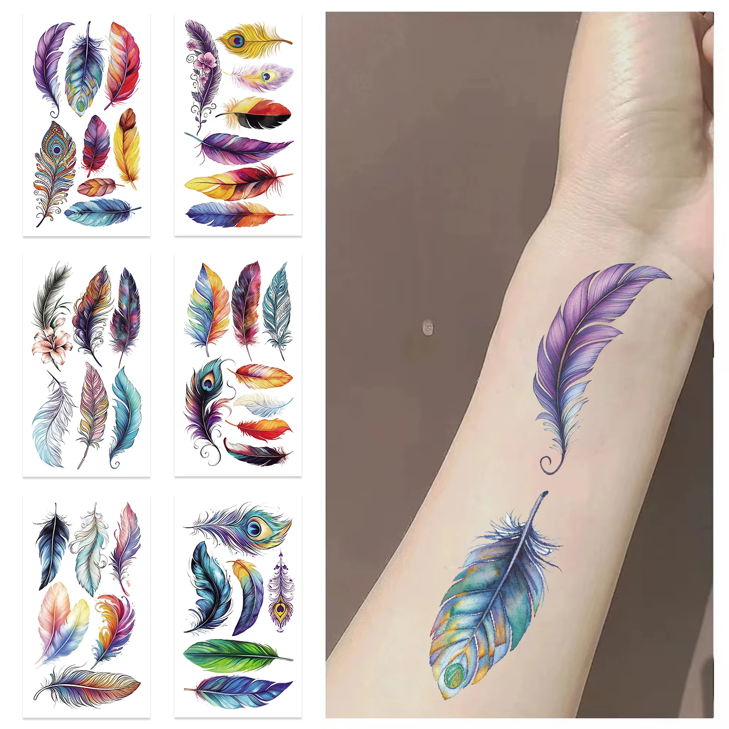 

10 Sheets Colorful Feather Temporary Tattoo Stickers Waterproof Painting Party Makeup Decoration Body Art Decals