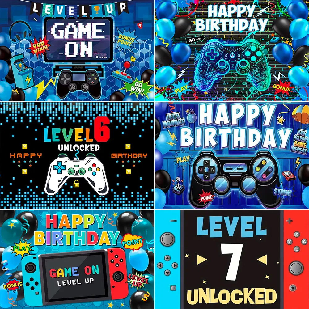 Video Game Level Up Unlocked Boys Kids Birthday Party Decoration Game Controller Customized Banner Background Photography Props