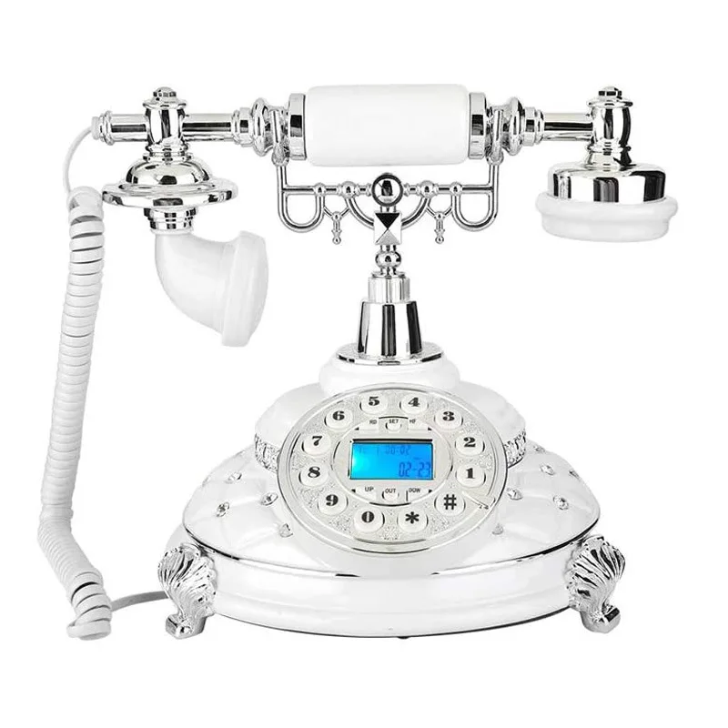 Antique telephone European stylish white diamond-encrusted stone telephone, creative hotel retro landline telephone