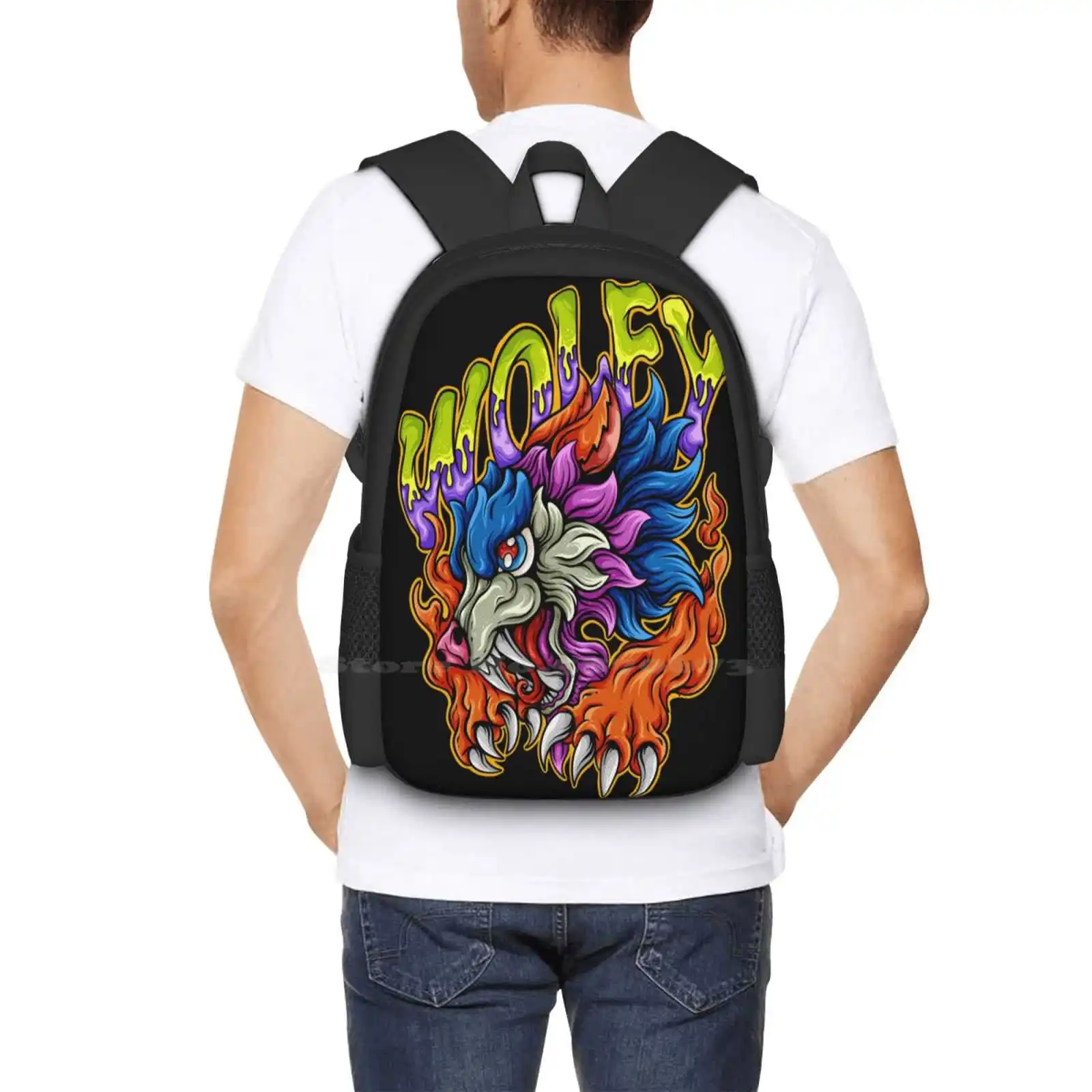 Wolfy Pattern Design Bagpack School Bags Wolf Animal Colorful Cute Kids Holiday