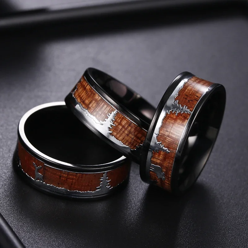 Trendy Black Tungsten Hunting Anel de aço inoxidável Wedding Band Wood Inlay Deer Stag Silhouette Ring Moda Charme Jóias Presentes