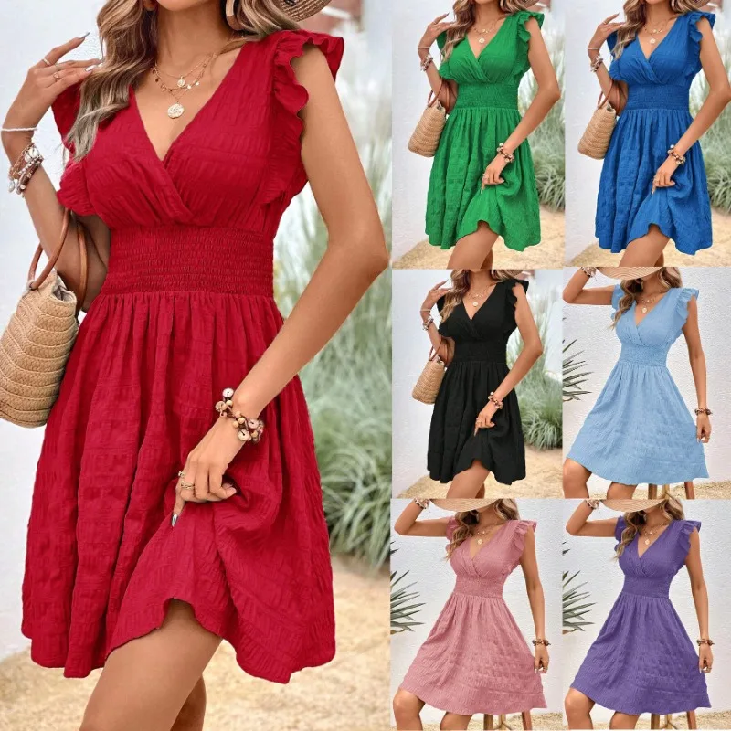 

Women's Summer V-neck Pleated Dress Fashiona Elegant Temperament Slim Solid Color Sleeveless Skirt Vestidos Holiday Beach Dress