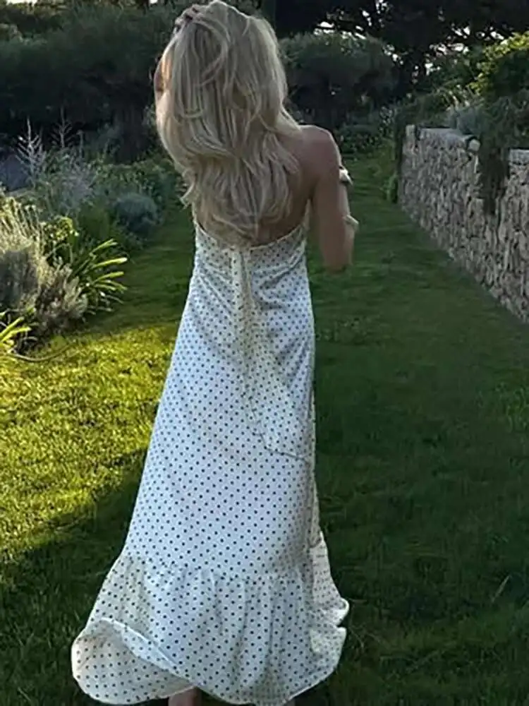 Fantoye Satin Print Polka Dot Halter Women Maxi Dress White Sexy Backless Bandage Dress Summer Slim Elegant Party Evening Dress