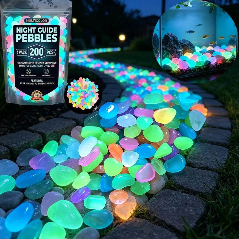 200pcs Glowing Garden Stones Colorful Glow-in-the-Dark Pebbles for Outdoor Garden Night Luminous Stone for Landscaping Decor