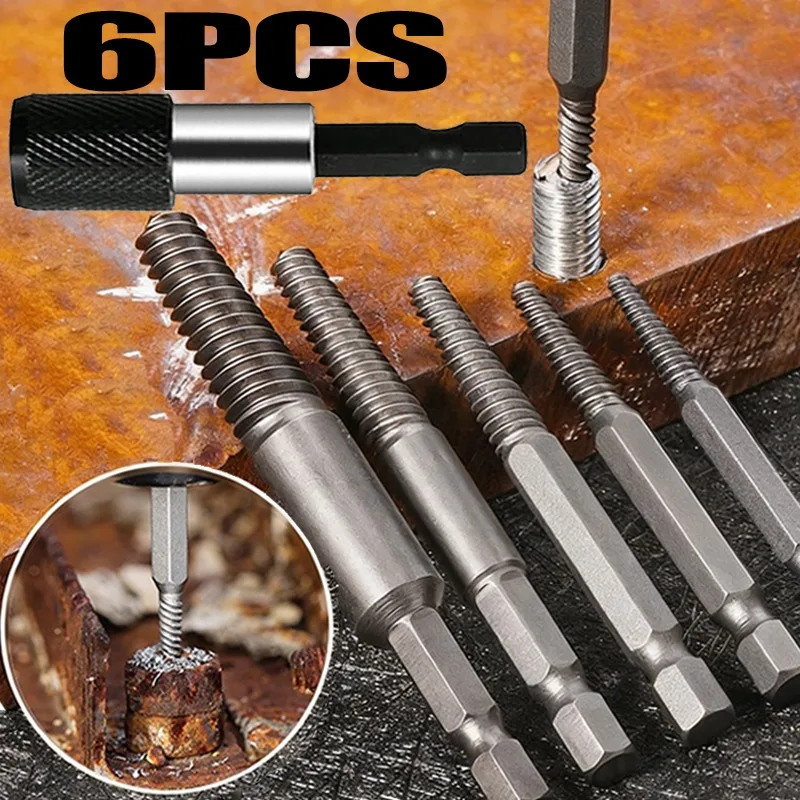 Extractor de tornillos, brocas centrales, juego de guías de acero al carbono, removedor de pernos de tubo roto y dañado, herramientas de llave de vástago hexagonal