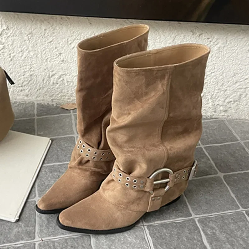 Aneikeh Autumn Winter Punk Design Hollow Rivet Splicing Belt Buckle Pointed Toe Women Ankle Boots Square Low Heels Shoes