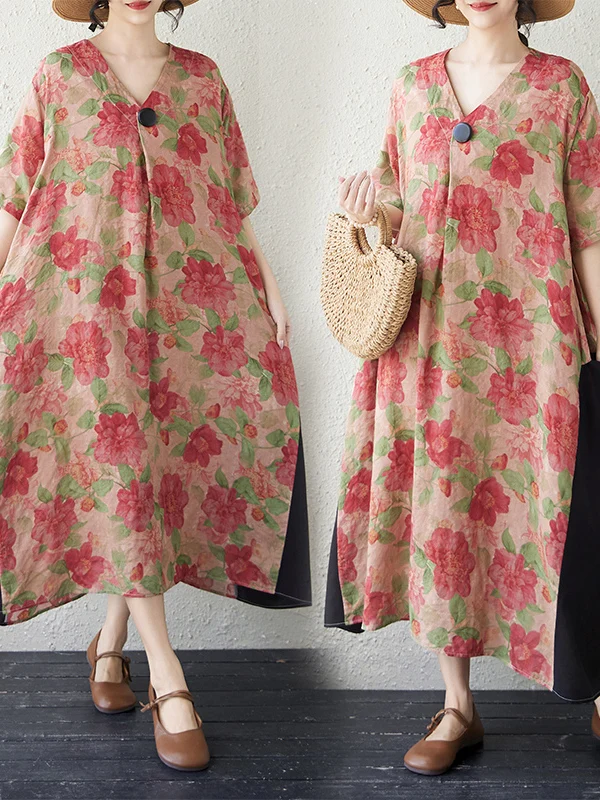 

Casual Cotton Linen Print Splice Loose V-Neck Short Sleeve Maxi Dress Women's Summer Thin Fabric Straight Cut Gown