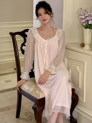 Women Ruffles Vintage Nightgowns Lolita Princess Sleepwear Pink Lace Mesh Fairy Night Dress Victorian Nightdress Loungewear