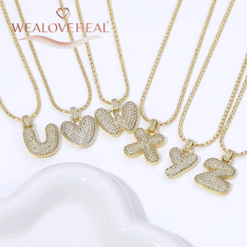 18K Vergoldete A-Z Bubble Initial Halskette, Puff-Ballon-Buchstaben-Anhänger Halsketten mit Zirkonia, Hip-Hop-Schmuck Geschenk für Frauen und Männer – Detail 18