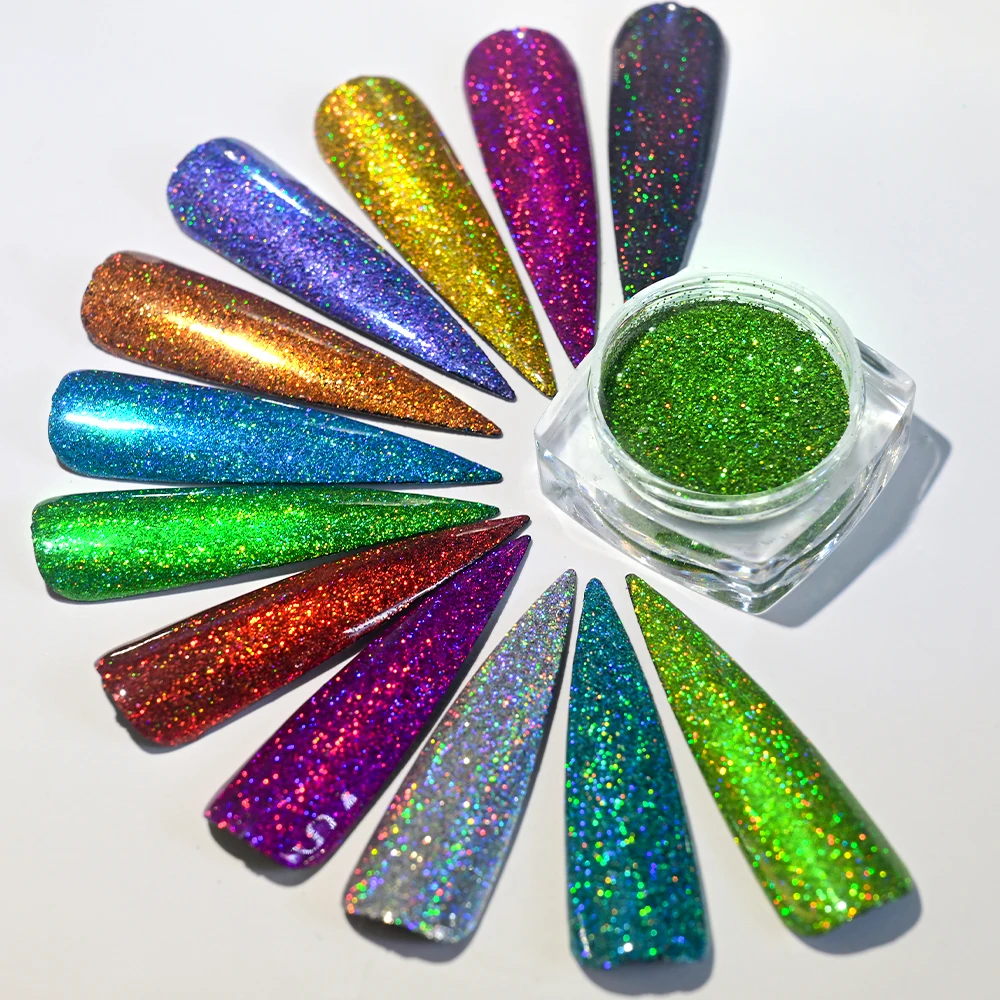 12 potten/set holografisch glitter nagel fijn poeder 0,05 mm super glanzende eenhoorn regenboog laserpoeder DIY spiegel manicure poeder *&