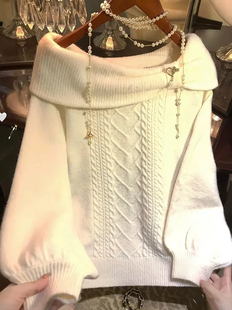 Autumn Winter Sweet Hot Girl Bow Off-Shoulder Sweater Women Elegant Sexy Fashion Knitted Tops Casual Y2k Knitwear Pullover New