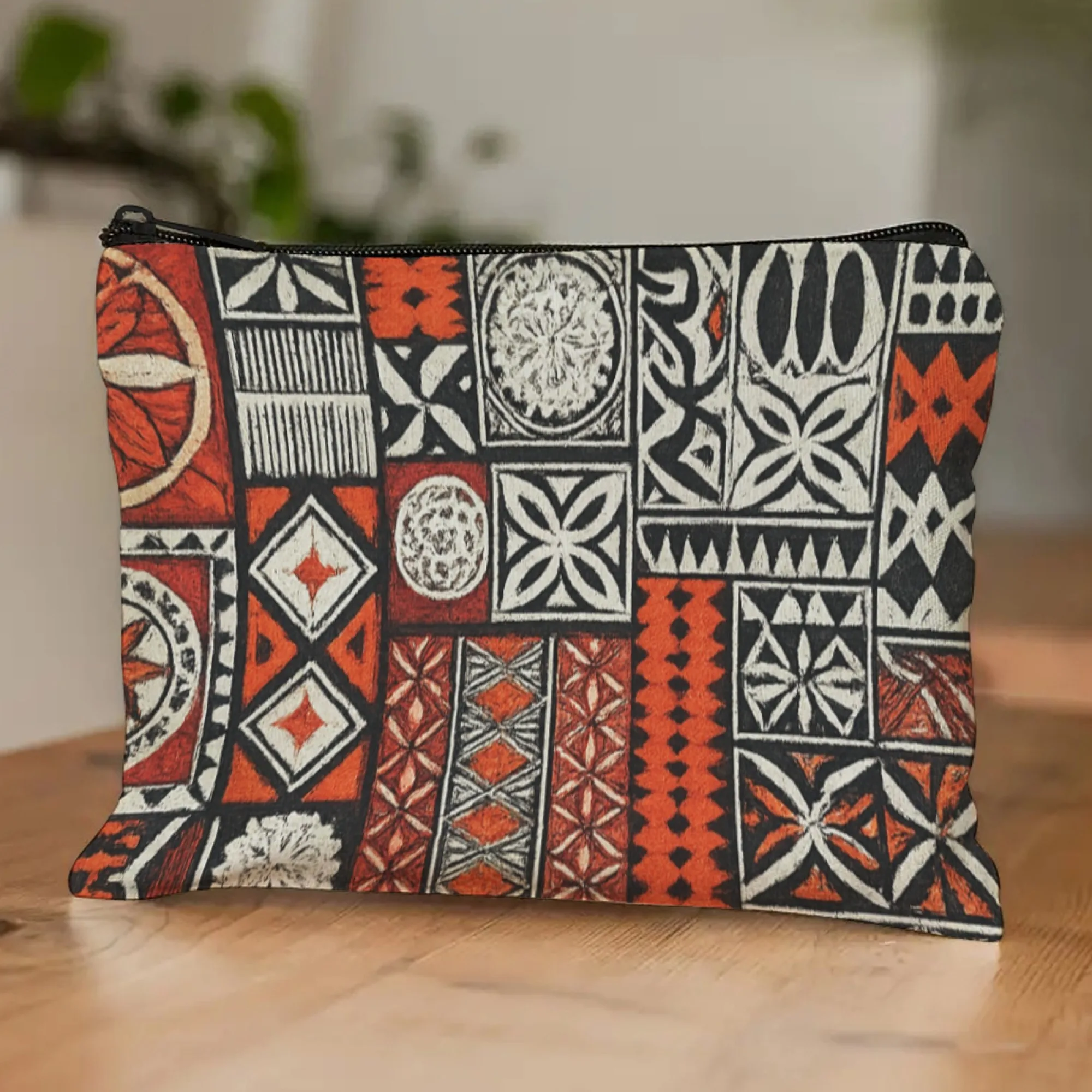 

Women Tribal Bohemia Geometric Makeup Bag in Red, Black and White, Zippered Cosmetic Organizer for Ethnic - Inspired Storage
