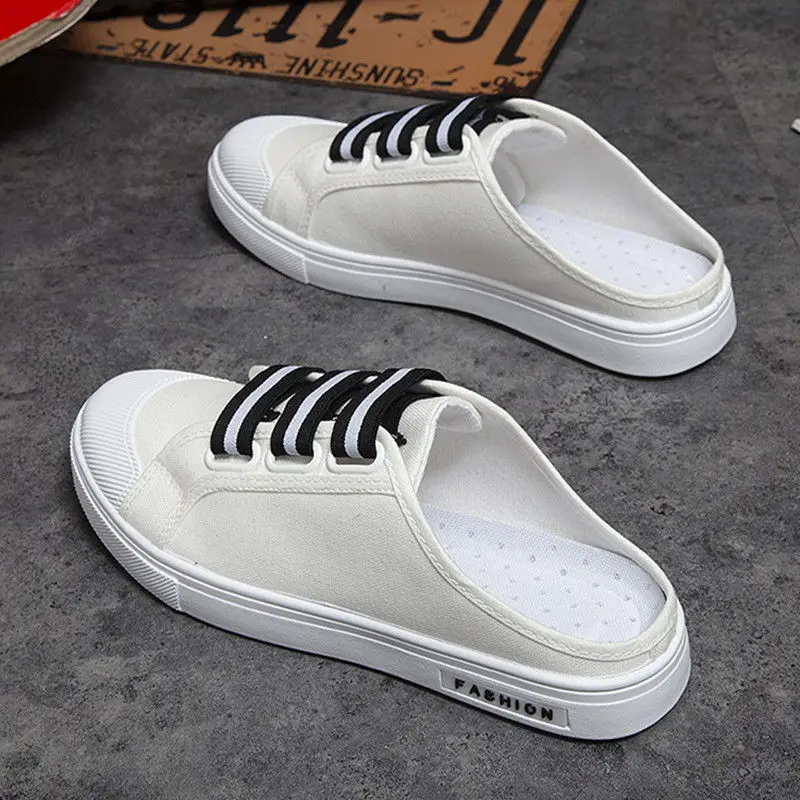 Canvas Flat House Slides Mules Walk Around Home Half Male Slipper Men's Shoe Indoor Outdoor Fun Clappers 2025 Casual Original