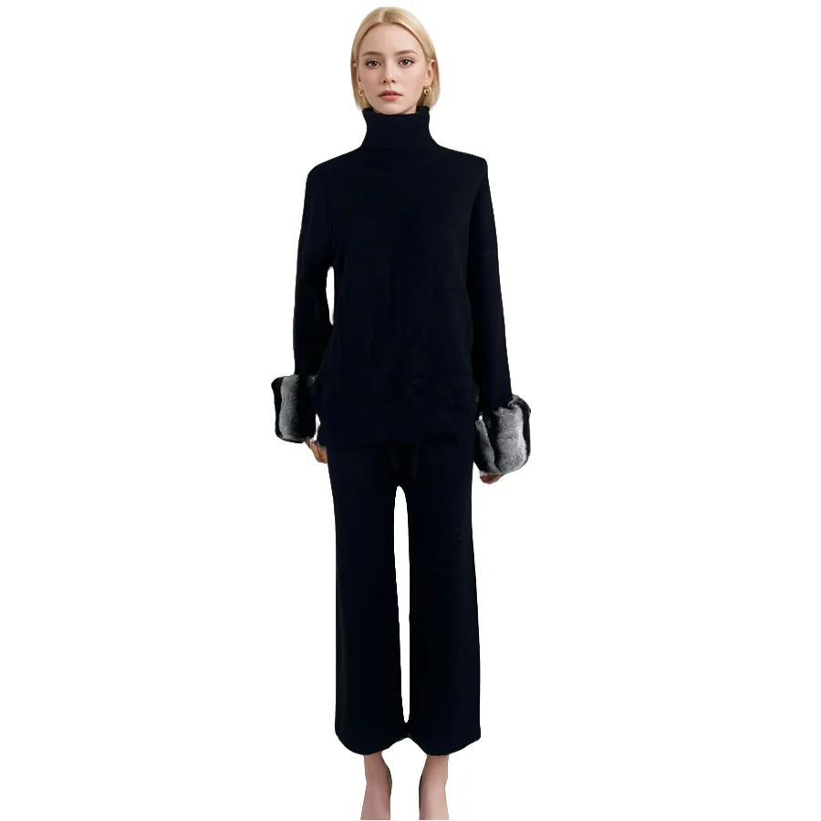Real Chinchilla Rex Rabbit Fur Trim New Style Cashmere Sweater Cashmere Pants For Woman Spring Autumn Hot Sale