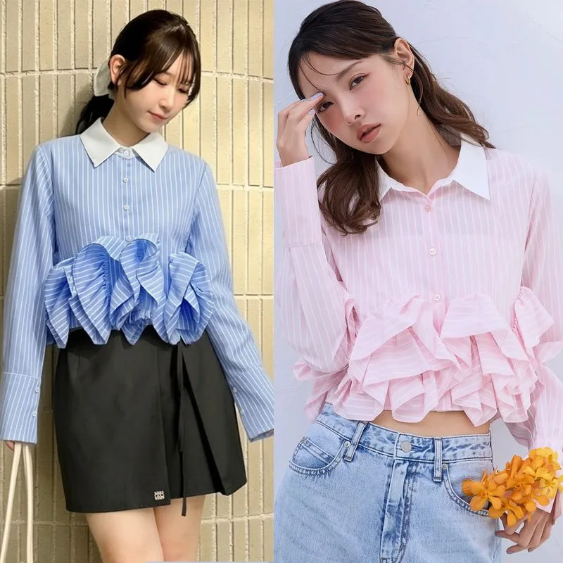 

Нежные 3D-блузки с рюшами и отложным воротником, полосатые рубашки и блузки с длинным рукавом, весна 2026, женская одежда, шикарный стиль