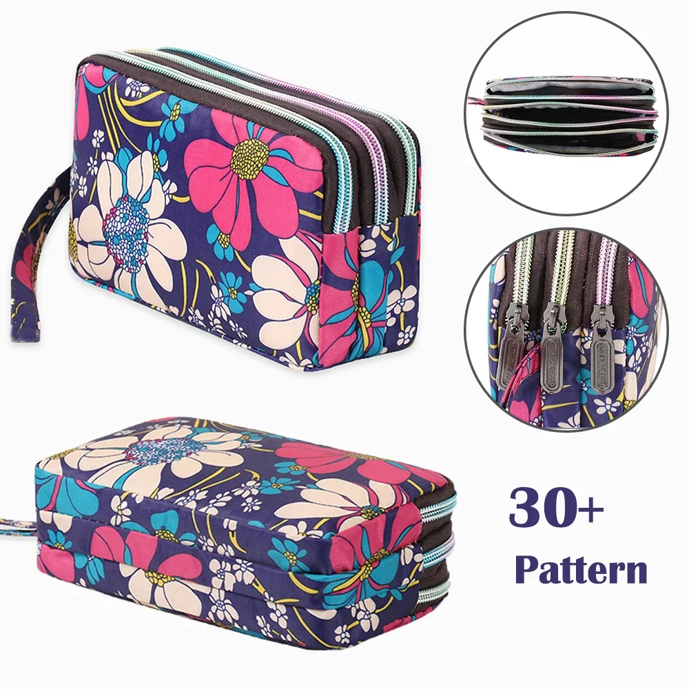 

Fashion Flower Print Nylon Women Long Wallet Coin Purse Phone Bag Portable 3-layer Zippers Small Handbag Makeup Bag Card Holder