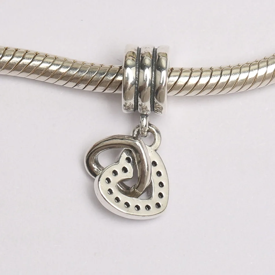 Silver Plated Pendant Bead DIY Jewelry Entwined Hearts Dangle Charm for Women Bracelets Pave Clear CZ
