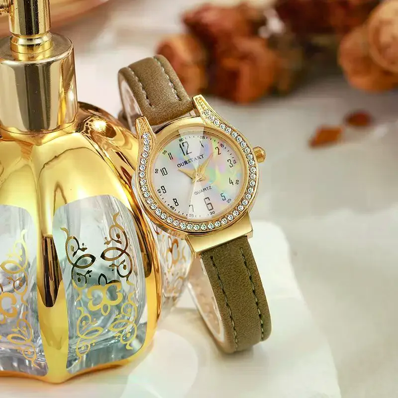 /HTF/Quartz Watch Rhinestone Bezel Gold Case PU Leather Strap Perfect For Daily Wear Dating Gifting Women