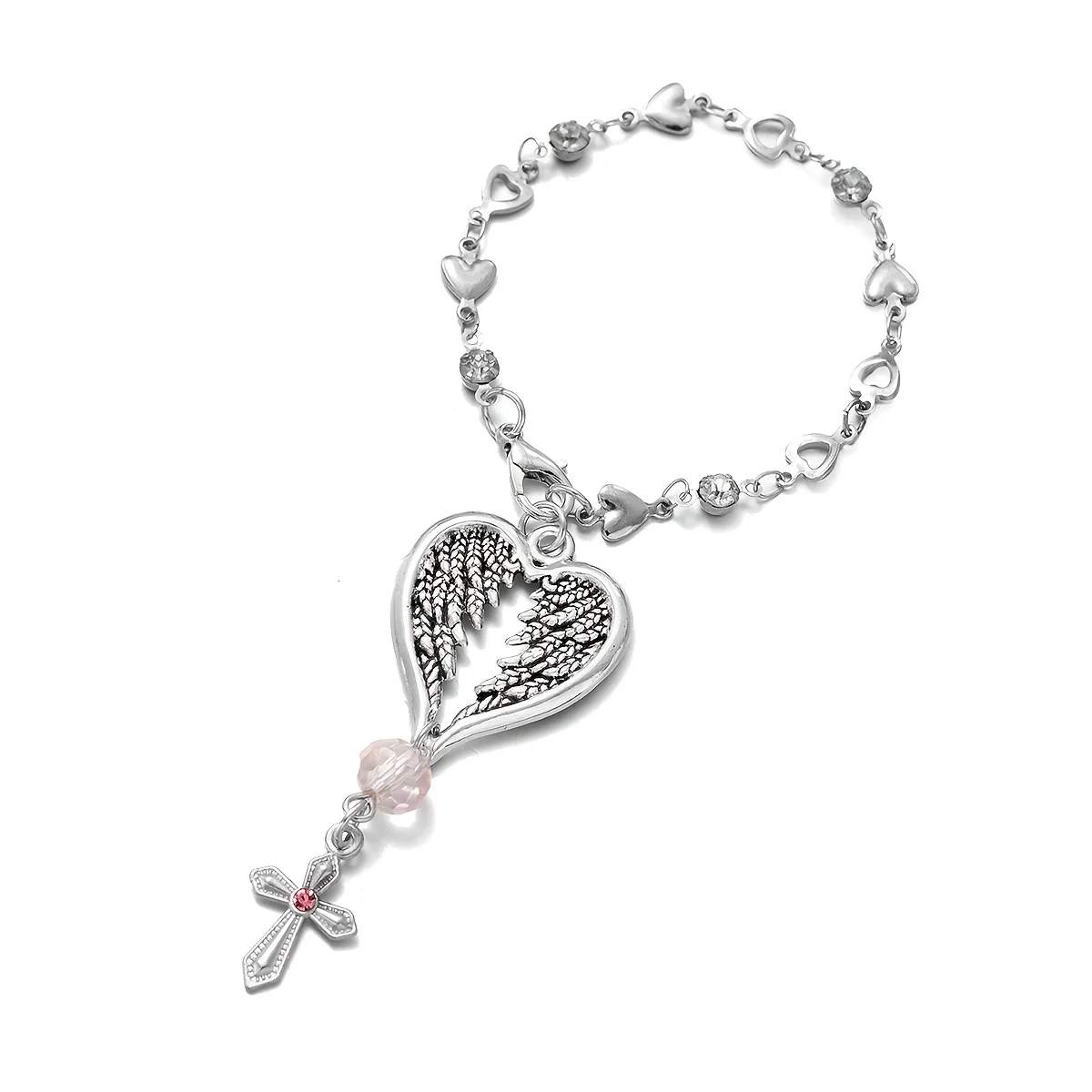 Retro Angel Feather Cross Car Clear Rearview Mirror Hanging Rosary Beads Catholic Unique Charm Gift For Driver
