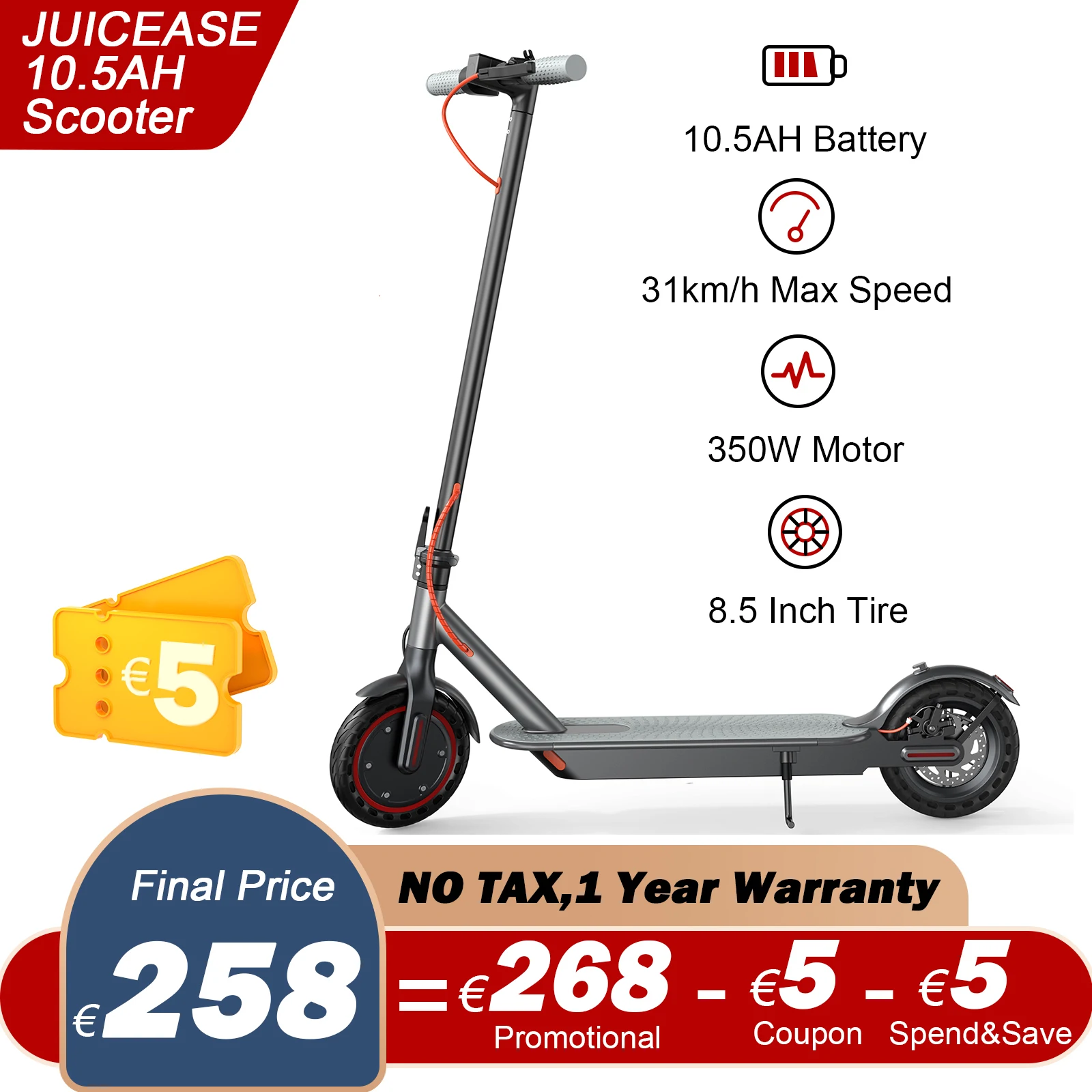 JUICEASE 10.5AH Adults Scooter Electric 31KM/H Fast Speed Escooter EU Warehouse 350W Powerful Motor 8.5 Inch Anti-skip Tire