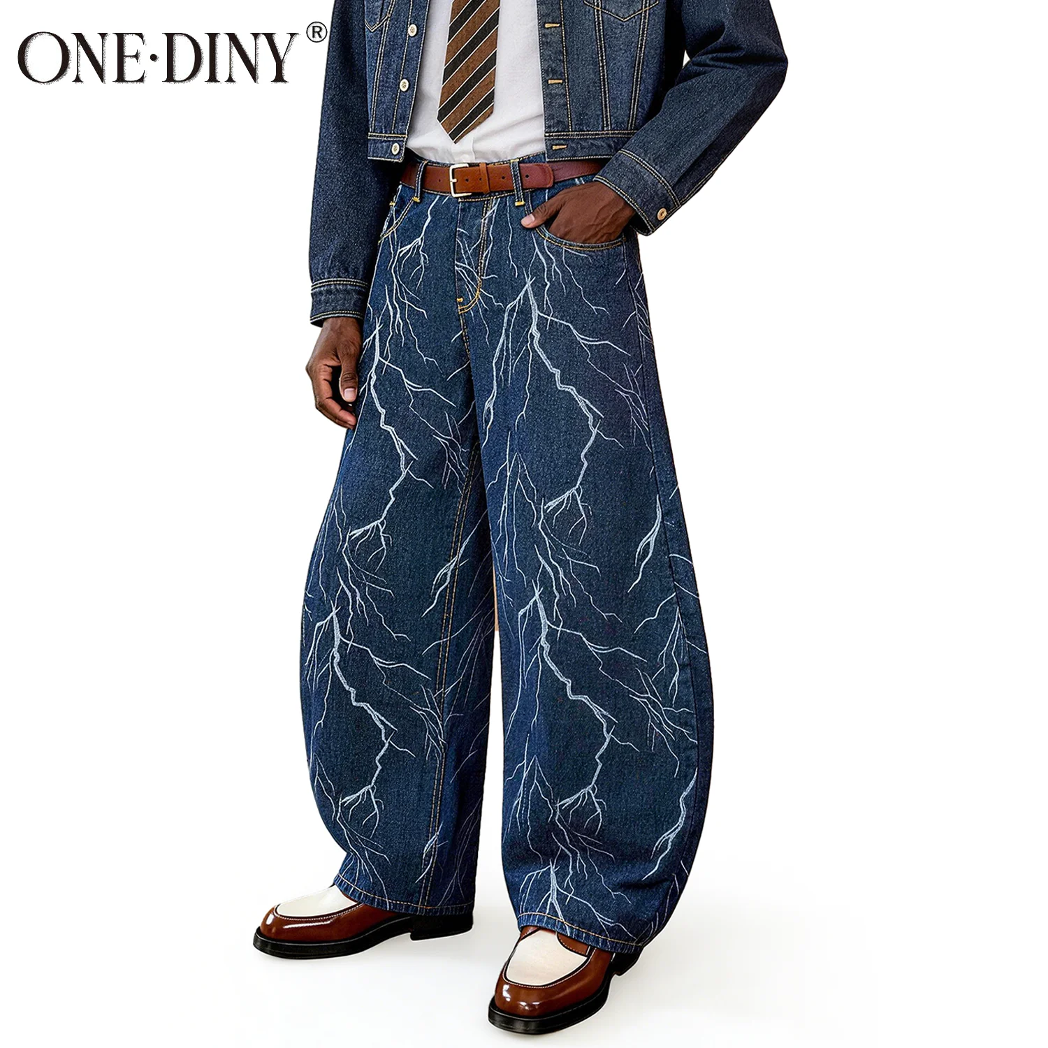 ONE·DINY American Retro Blue Jacquard Baggy Machete Wide-Leg Jeans Daily High Street  Couple Balloon Denim Pants Casual Pant