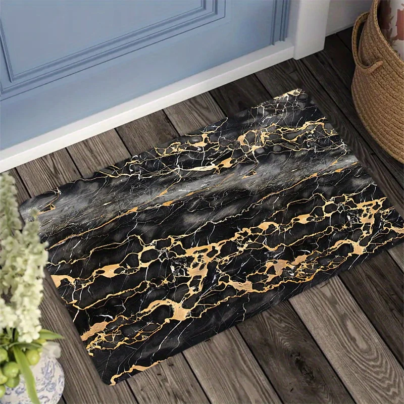 Luxury Black Gold Marble Flannel Rug Non-slip Soft Floor Mat for Bathroom Living Room Bedroom Home Decor Carpet