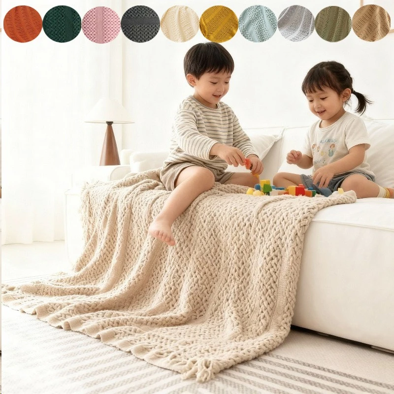 

1Pc Solid Colorc Knitted Boho Throw Blankets with Tassels Geometric Twisted Flower Nap Blanket for Autumn and Winter Couch Cover