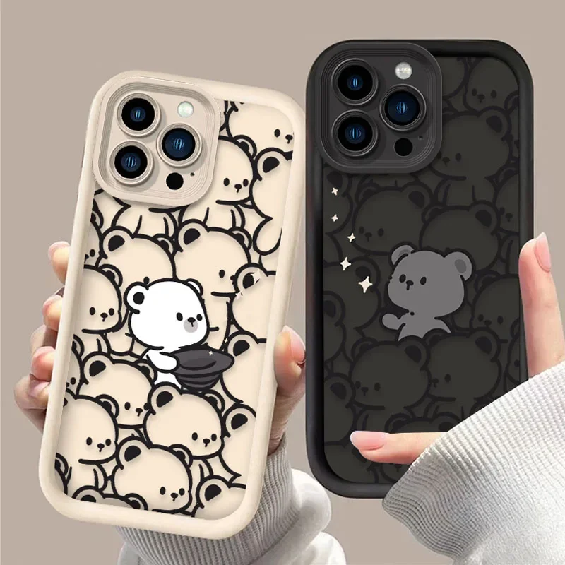 Lovely Cartoon Line Bear Case For iPhone 16 15 14 13 12 11 Pro Max X XS X S Max XR SE 2020 7 8 Plus Shockproof Silicone PC Cover