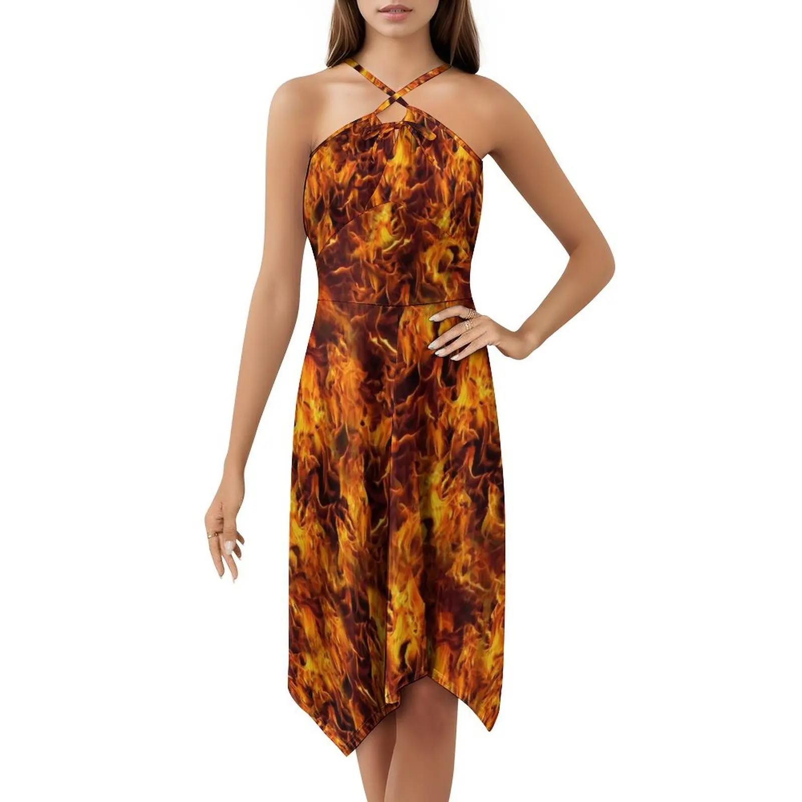 불꽃 패턴 프레피 스타일 미니 드레스 여성용 A라인 루즈핏 캐주얼 데이 드레스 불타는 불꽃