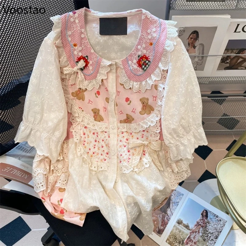 

Mori Girl Kawaii Lolita Shirts Women Preppy Cartoon Bear Print Harajuku Blouses Female Japanese Sweet Lace Peter Pan Collar Tops