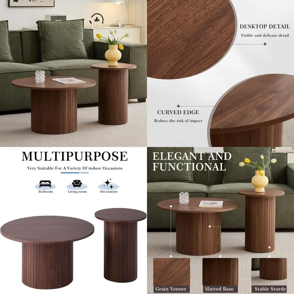 

небольшой круглый журнальный столик из 2 шт., журнальные столики с деревянной отделкой, круглый приставной столик в стиле бохо для гостиной (φ27.6, большой короткий