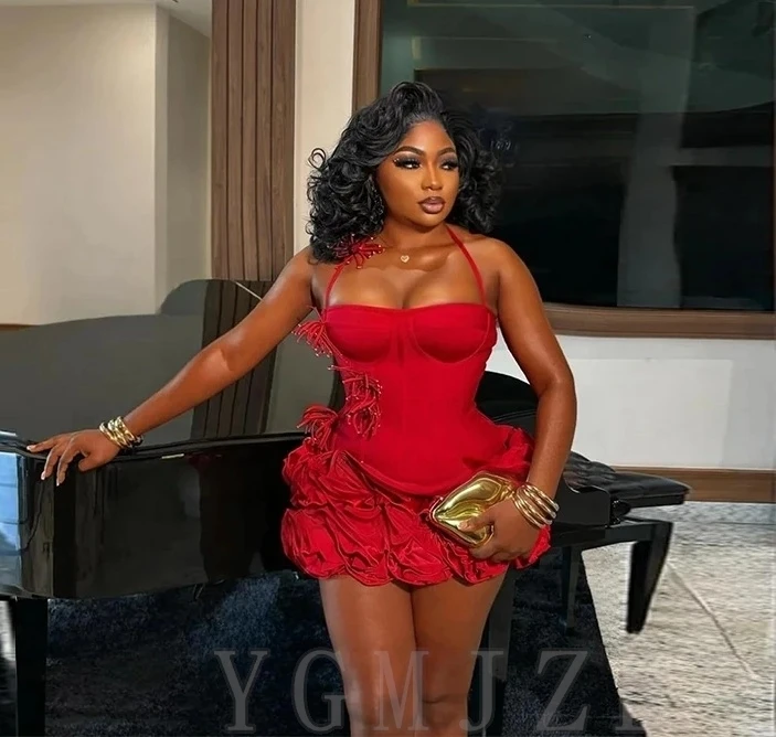  Mini Cocktail Dresses Halter Flowers Red Birthday Dress Homecoming Sexy Short Prom Wedding Party Gowns Black Girl Customized image 3