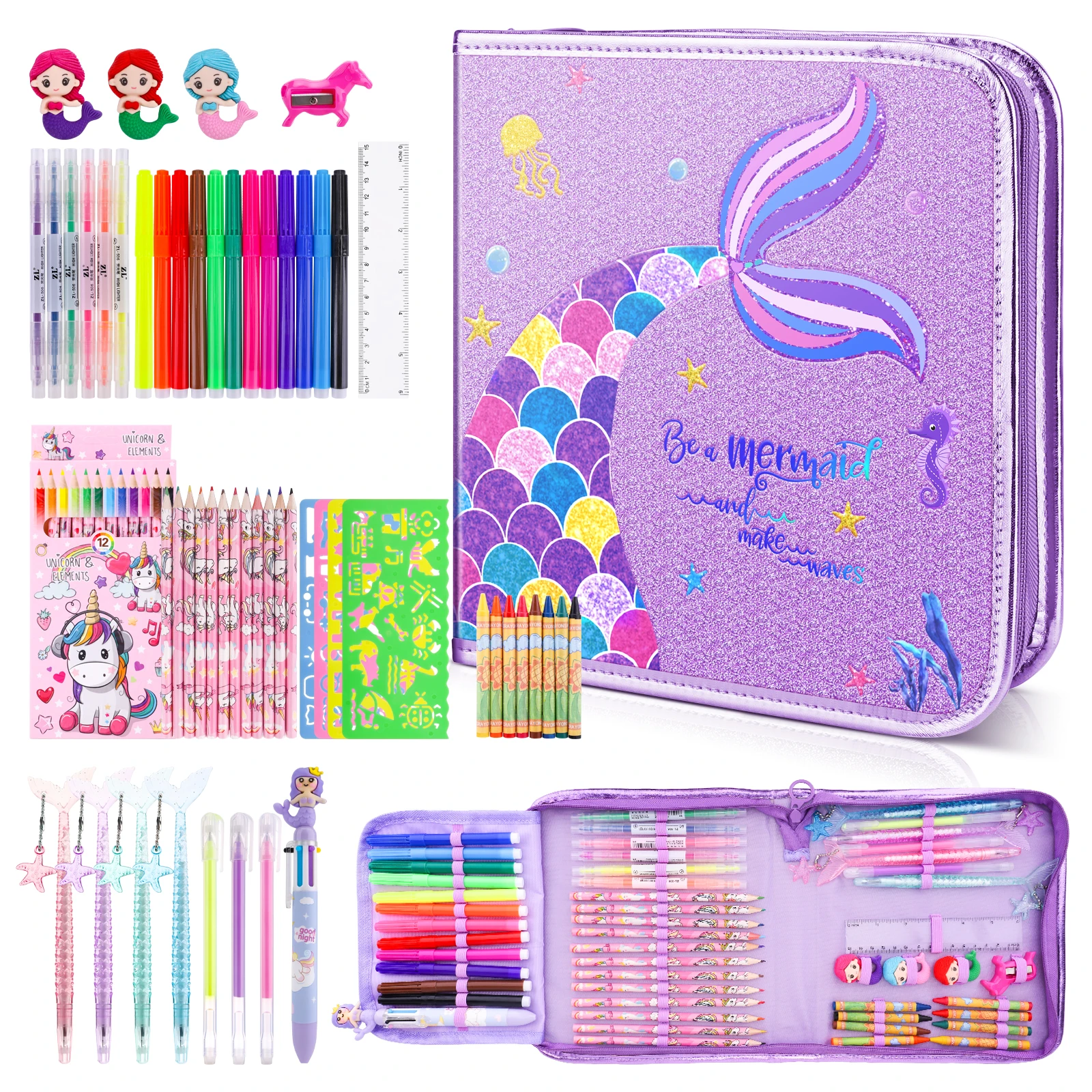 

Mermaid Stationery Sets for Girls 4-12 Kids Art Set 50+ Fruit Scented Markers Crayon Set & Storage Case Children's Painting Kit