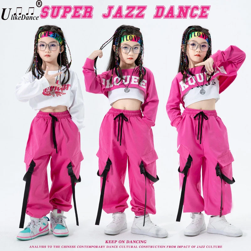 

Kids Hip Hop Costume Kpop Outfits for Girls Sweatshirt Crop Top Long Sleeve Shirt Tank Cargo Pants Child Street Dance Clothing