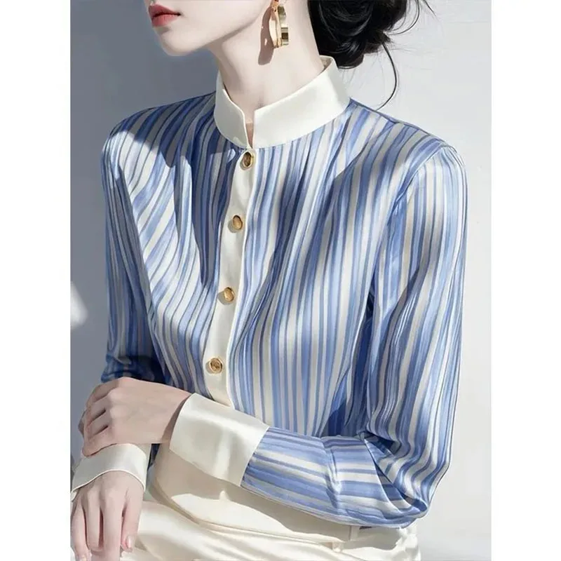 여성용 쉬폰 셔츠 여성용 새로운 폭발 봄 독특하고 아름다운 회색 대비 줄무늬 싱글 브레스트 셔츠 및상의