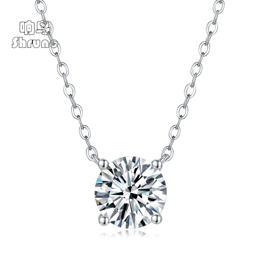 Shruno Sterling Silver 925 Round 1ct 6.5mm Moissanite Necklace Women Classic Four Claws Pendant Clavicle Chain Wedding Jewelry