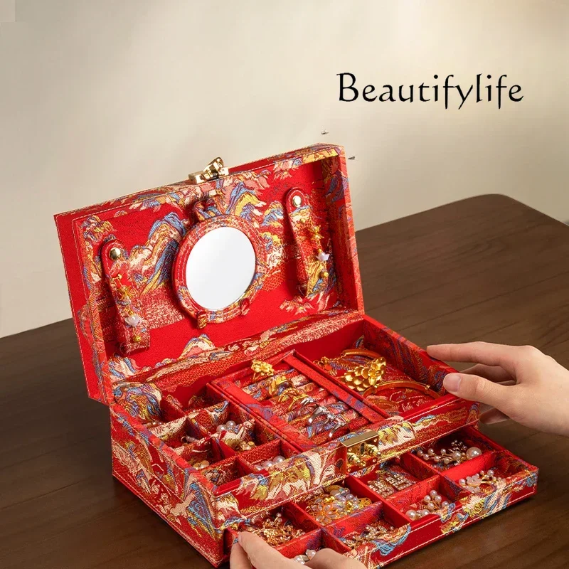 Chinese high-end exquisite jewelry stud earrings necklace storage box design sense retro jewelry box