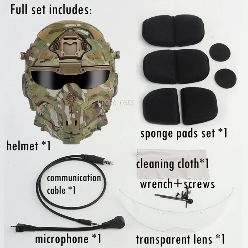 Kask taktyczny 3 w 1, całkowicie zakryty z zestawem słuchawkowym, Airsoft, paintball, kaski ochronne, odpinana maska, strzelanie, myśliwski sprzęt