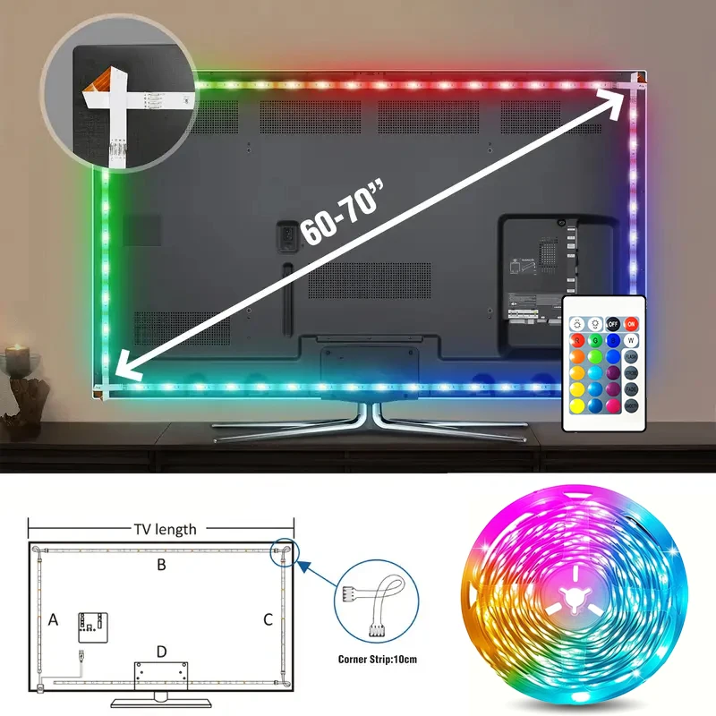 LED strip for TV back, with infrared remote control RGB lamp, suitable for bedroom, home, game room, party and wall decoration image 2