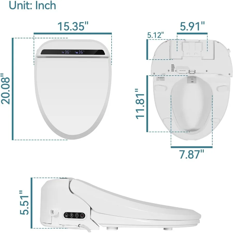 Länglicher Bidet-Toilettensitz mit beheiztem Sitz, Fernbedienung, selbstreinigende Düse, einstellbare Wassertemperatur, LED-Nachtlicht R