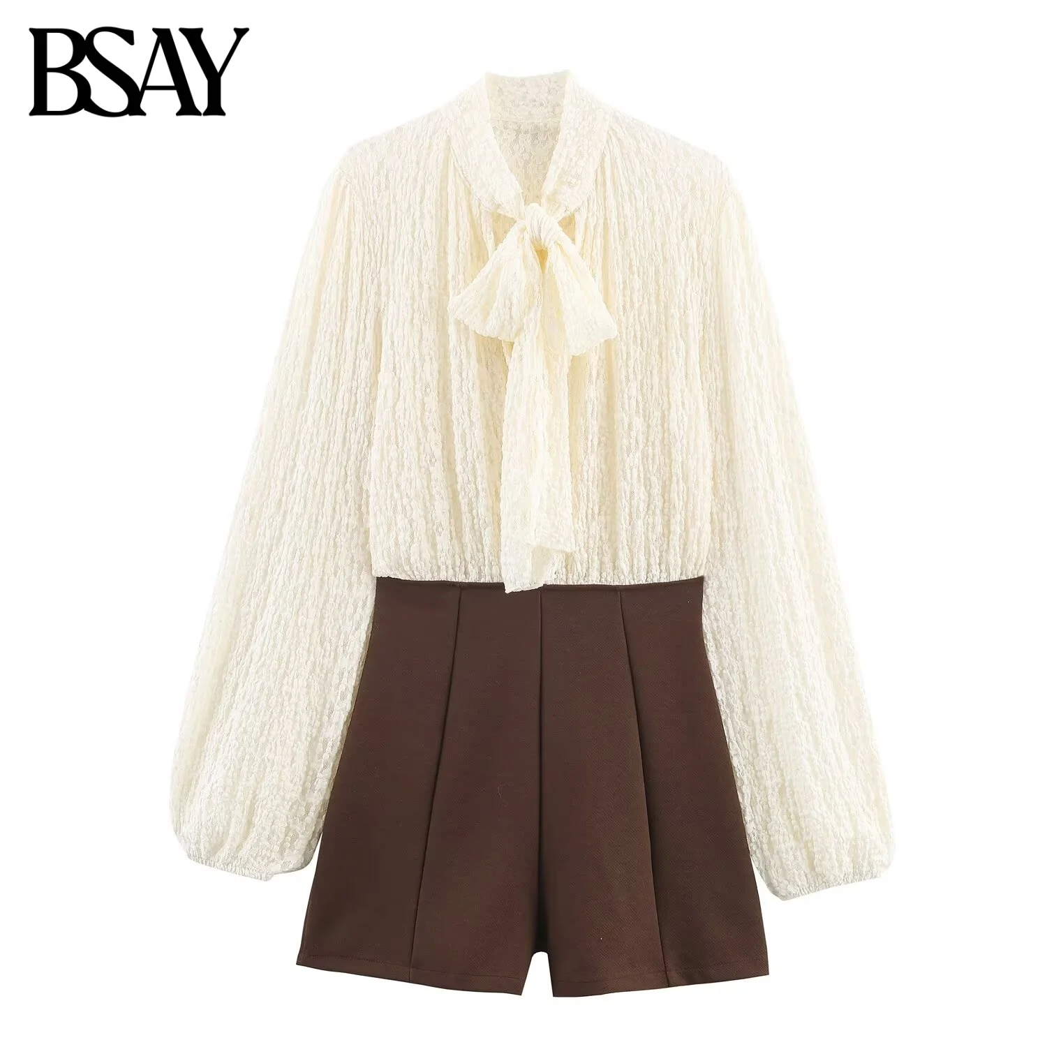 

BSAY Bow Splicing Jumpsuit for Women Fashion Autumn Winter New Long Sleeves Jumpsuits Blouses Chic Female Vest Bodysuit