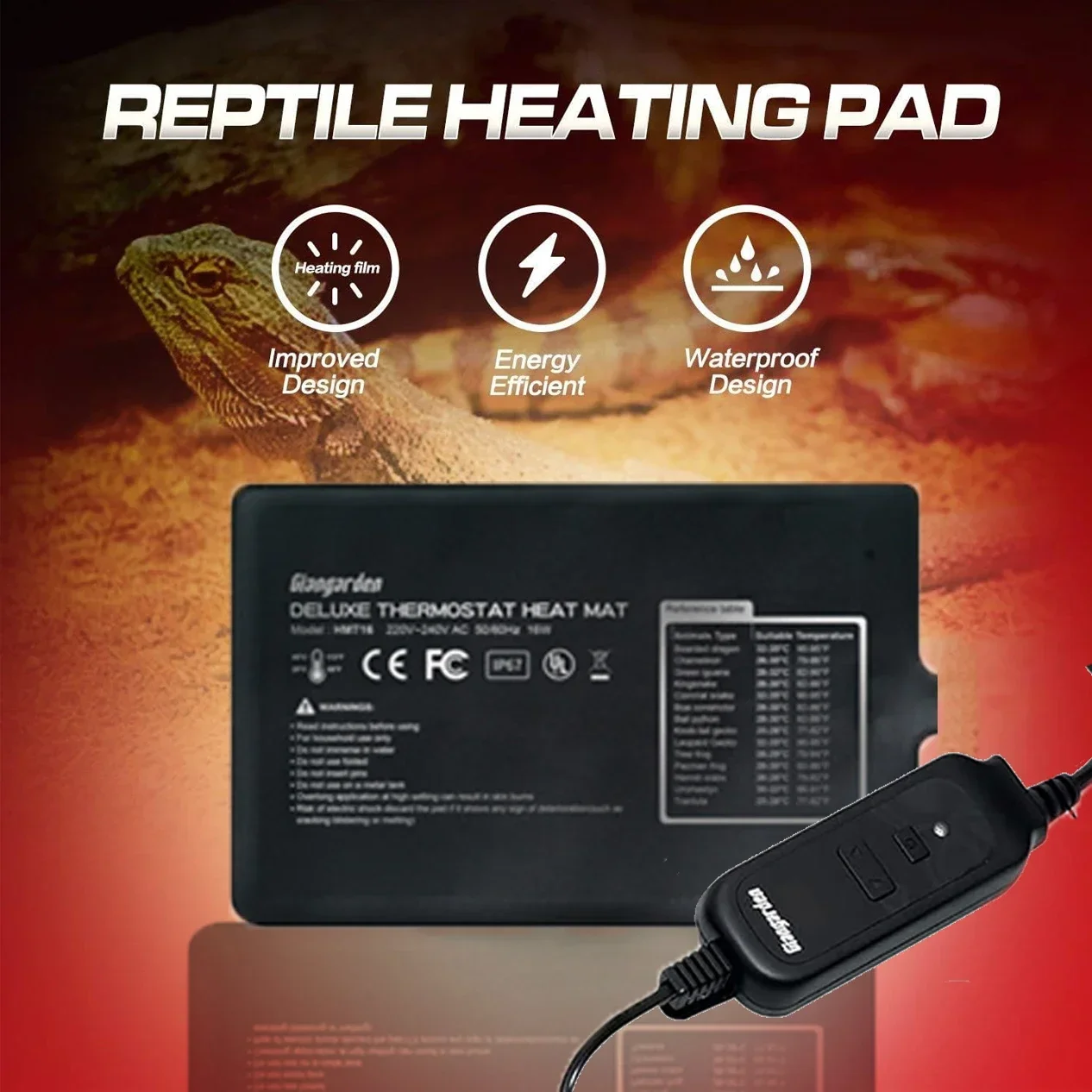 Waterproof Reptile Heating Pad with Temperature Control Lizards Heat Mat for Terrarium under Tank Heater Combo Warming Supplies