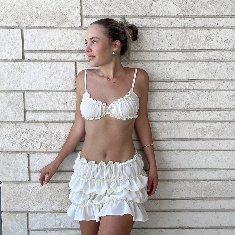 Women Chiffon Bikini Skirt Set Summer Holiday Beach Halter Bra Crop Tops and Mini Club Sexy Ruched Slim Skirt Two Piece Set