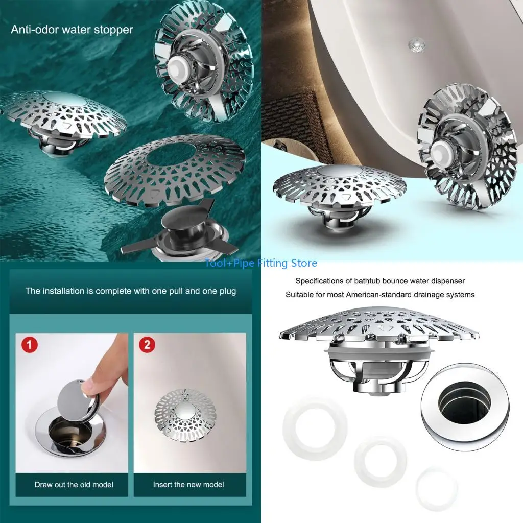 F92B Practical Push Button Bathtubs Drain Protectors Sturdy Metal Base Efficient Water Flows Without Residual Liquid