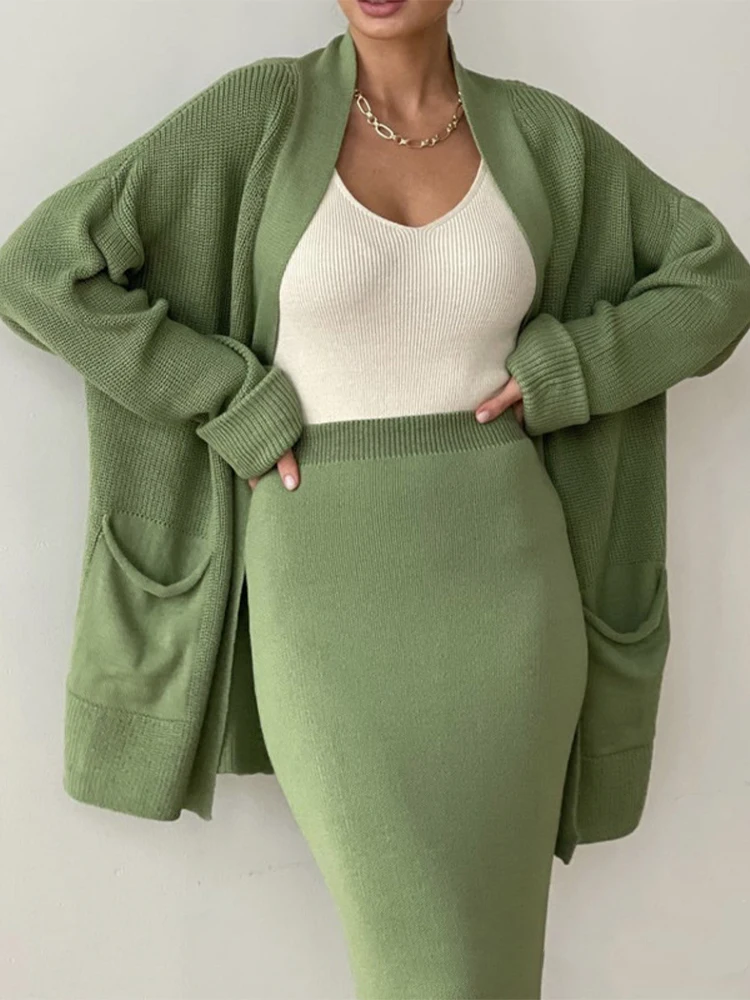 Knitted Sweater Skirt Set Women Elegant Fashion Solid Color Pullover Two Piece Set Female Casual Loose Cardigan Long Skirts Suit