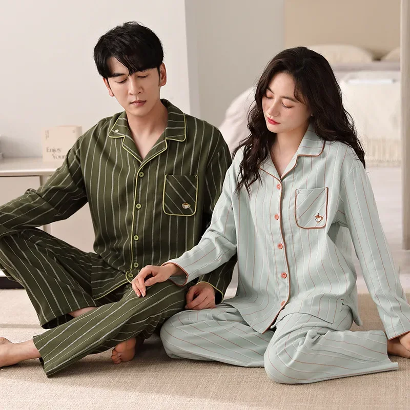 Red Color Couples Nightwear Cotton Cardigan Nightwear Married Sleepwear Autumn Spring Long Sleeves Home Clothes Mujer Hombre Pjs