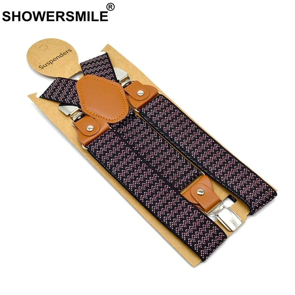 

SHOWERSMILE Mens Suspenders Braces Elastic Trouser Belt 3.5cm*120cm Straps Wave Pattern Y Back Male Suspender 3Clips Brown Black