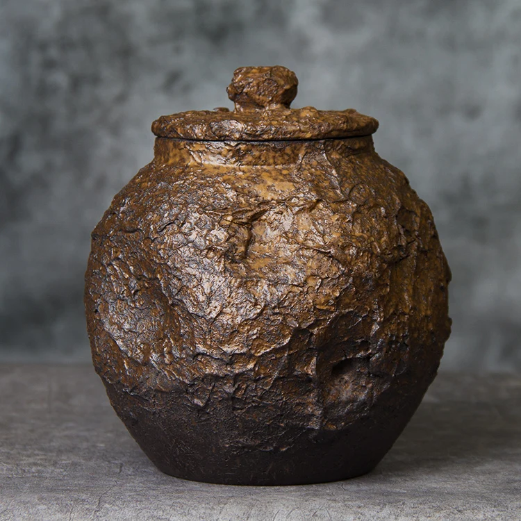 Handmade Rough Pottery Tea Jar, Earthenware Storage Pu Erh Black Ceramic Awakening Non